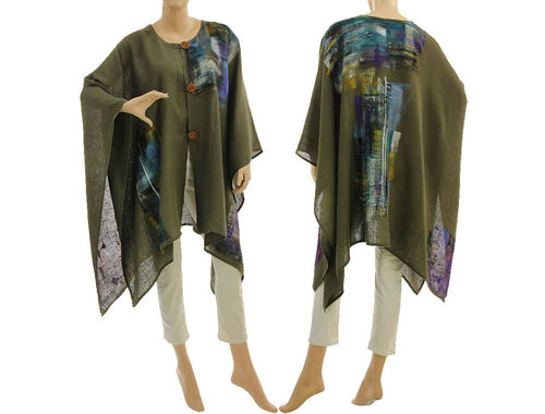 Boho buttoned linen poncho cover up hand painted in khaki green S-XXL