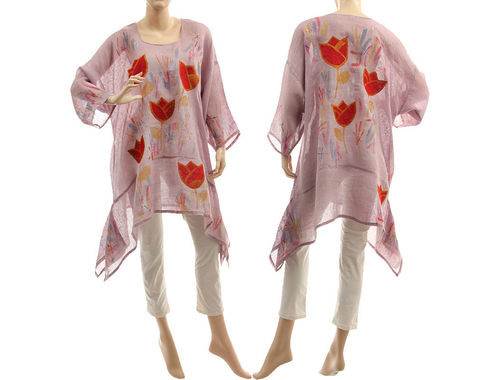 Boho hand painted mauve linen gauze tunic with red tulips M-XL