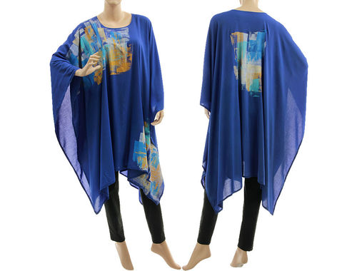 Stylish hand painted evening party poncho cover-up in cobalt blue S-XL