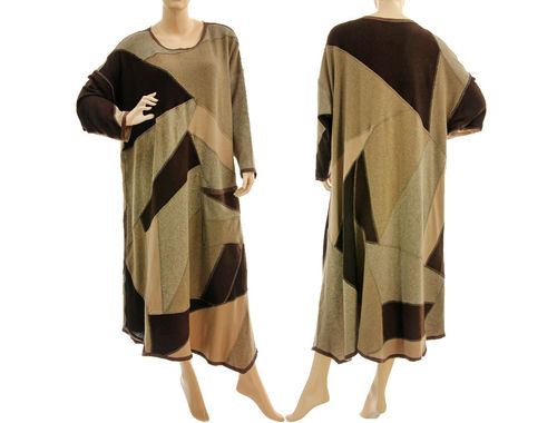 Maxi knitted sweater dress, soft wool patchwork in beige brown XL-XXL