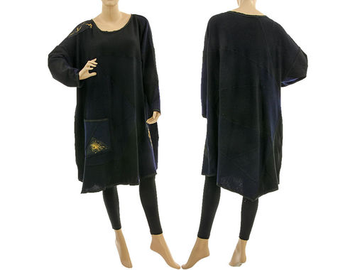 Oversized knitted sweater dress, soft wool patchwork in black navy L-XL