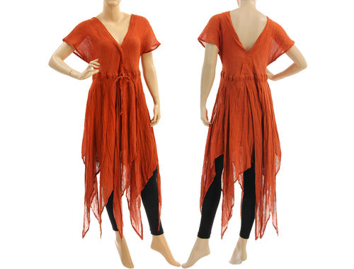 Extravagant boho long fringed linen dress in rust S-M