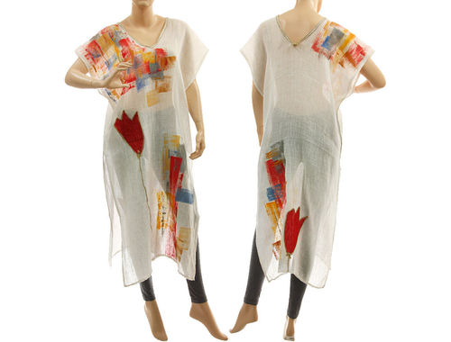 White boho linen summer tunic with hand painted tulips S-M