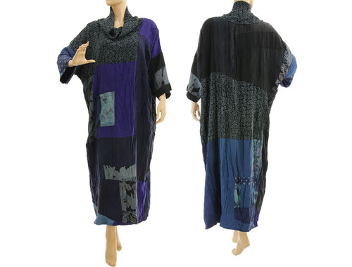 Maxi plus size dress, crushed silk in blue colours L-XXL