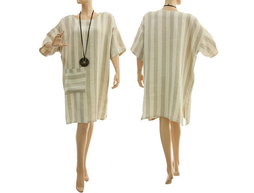 Lagenlook striped linen summer dress in ecru and natural S-XL