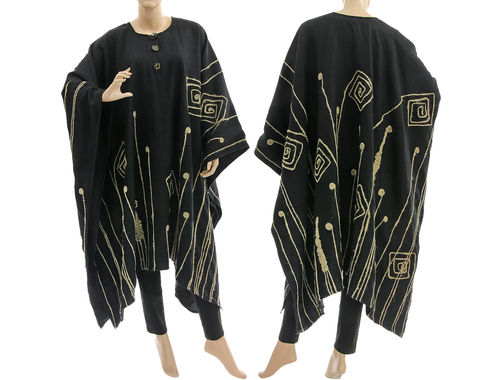 Lagenlook plus size linen poncho with ribbon applications, in black S-XXL