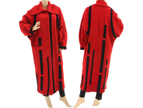Lagenlook maxi coat with stripes boiled wool in red black M-L