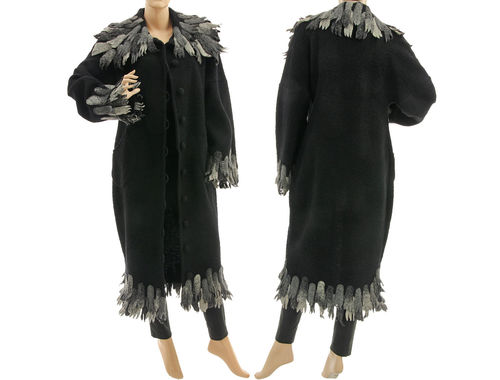 Boho maxi fringed coat boiled wool in black grey S-M