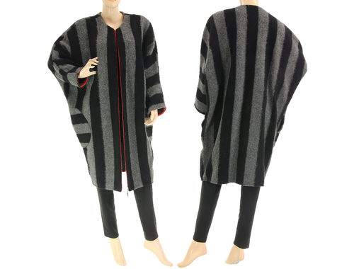 Oversized fall winter striped coat, boiled wool in black grey L-XL