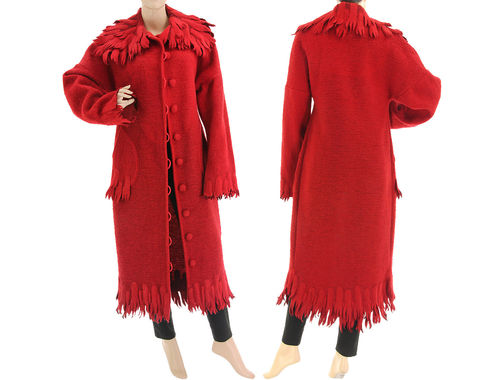 Boho maxi fringed coat boiled wool in red S-M