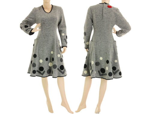 Flared polka dots dress, boiled wool black grey ecru S