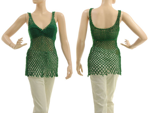 Boho crocheted tank top, cotton in dark green S