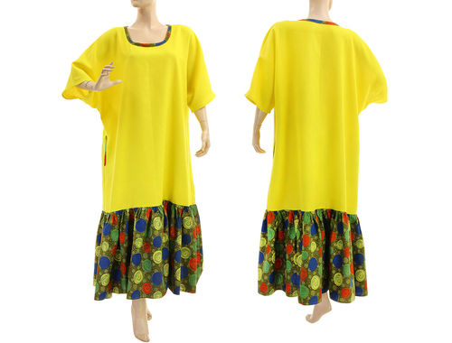 Maxi boho plus size ruffled linen dress in yellow L-XL