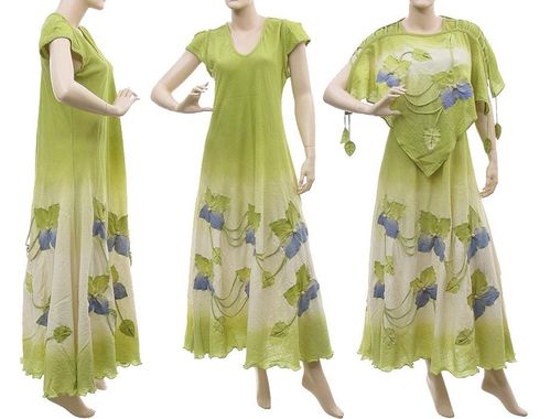 Boho flower dress with top, crinkle cotton in green S-L