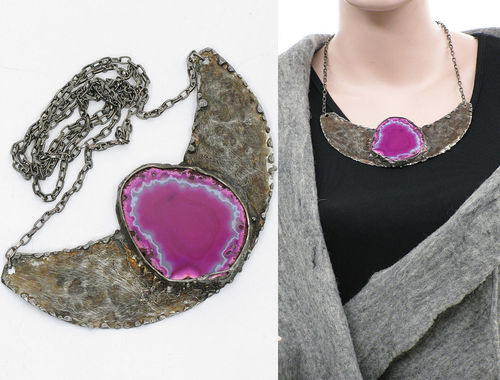 Lagenlook handmade necklace crescent-shaped - agate