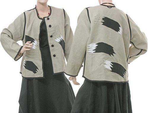 Lagenlook artsy jacket painted brush strokes appliqués, linen nature M
