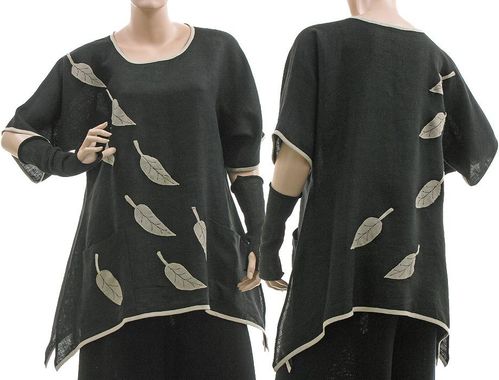 Boho lagenlook flared tunic with leaves, linen in black M