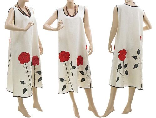 Lagenlook boho flared dress with roses, linen in white M-L