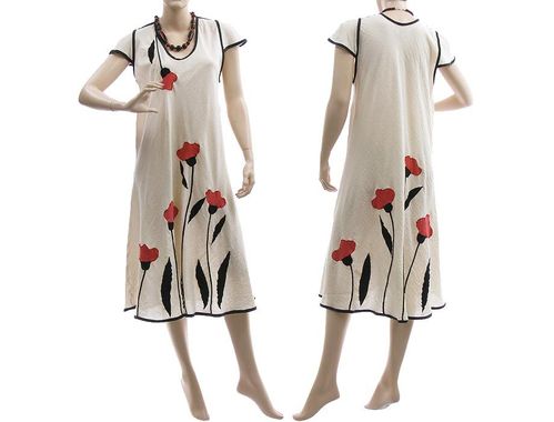 Boho dress with poppy flowers, cotton gauze in off-white M-L