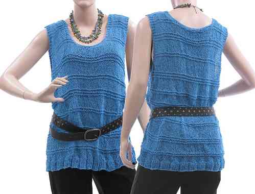 Lagenlook hand knitted tank top Jean, cotton mix in blue M-L
