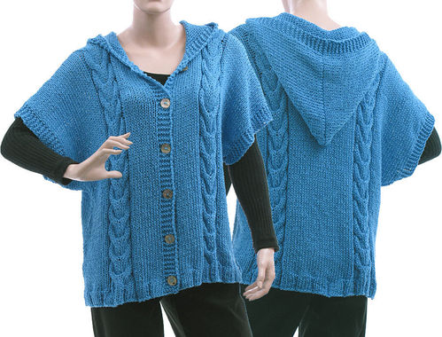 Lagenlook hand knitted hoodie, cabled cardi Tilda in blue S-L