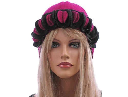 Boho lagenlook hat cap with circles, boiled wool purple pink M-L