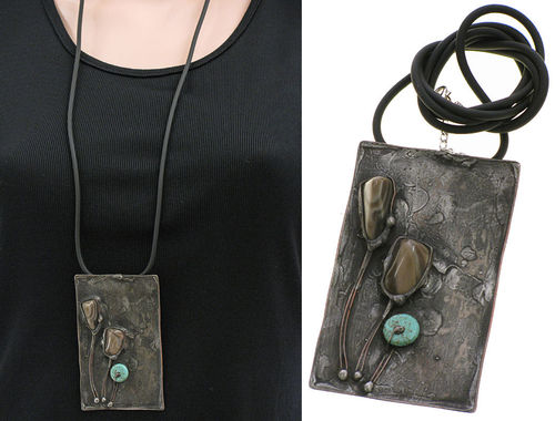Lagenlook unique handmade necklace - turquoise, flintstones