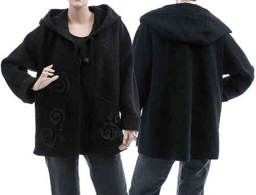 Boho lagenlook hooded jacket, boiled wool in black L