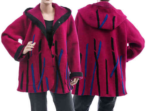 Boho lagenlook hooded jacket, boiled wool magenta L-XL