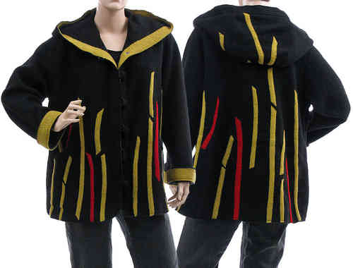 Boho lagenlook hooded jacket, boiled wool black L-XL