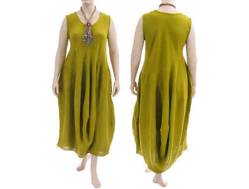 Lagenlook balloon linen dress with pockets, in mustard L-XL