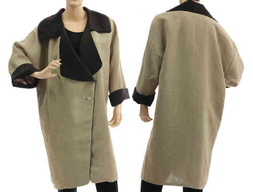 Lagenlook reversible linen coat with lapel collar in nature M-L