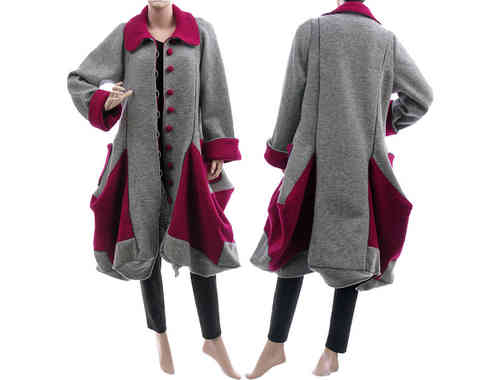 Lagenlook handmade bulgy coat boiled wool grey magenta M