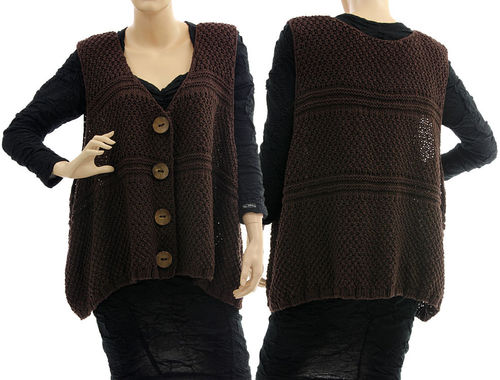 Oversized hand knitted wrap, vest Joana, cotton mix in dark brown L-XL