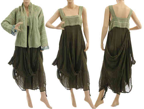 Two pieces linen dress, pinafore dress + jacket, in olive & pale green M