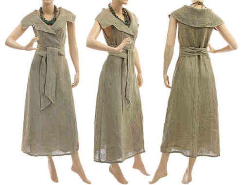 Flared maxi wrap dress with large collar, linen in natural S-M