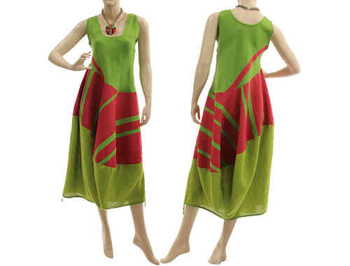 Lovely colourful linen artsy balloon dress in green red-pink S