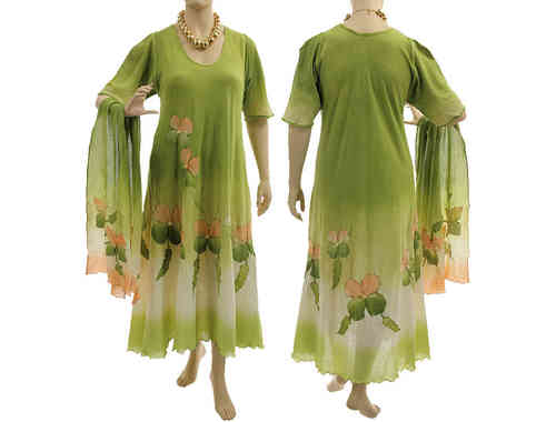 Handmade artsy boho dress with scarf, crinkle cotton in green apricot L-XL