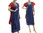 Stunning linen party cocktail dress with flounces in blue with red M-L