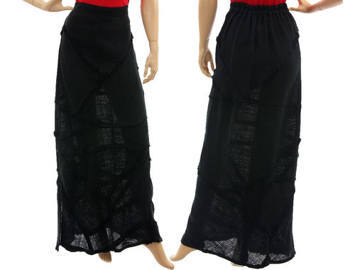 Lagenlook skirt for tall women, frayed seams, linen in black M