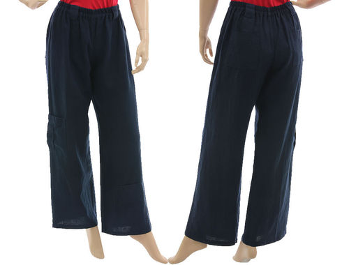 Lagenlook long wide legs pants, linen in navy blue S-M