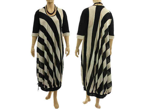 Wide shaped lagenlook dress, diagonal stripes black off white XL-XXXL