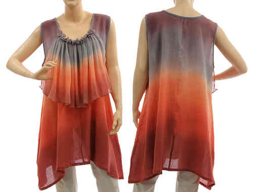 Artsy boho flared tunic with ruffle in berry grey terracotta M-L