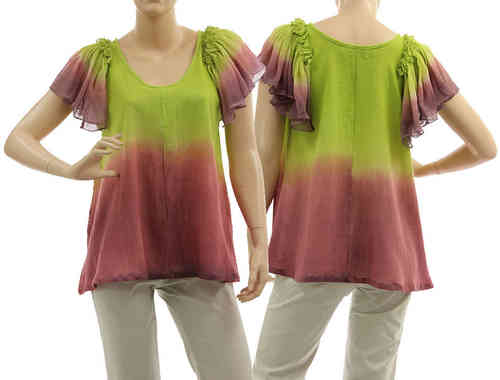 Artsy boho flared tunic with ruffles in berry green S-M