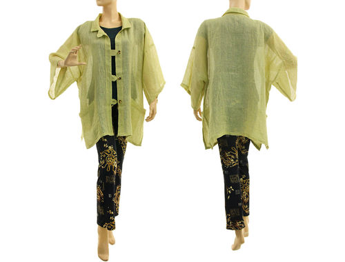 Oversized lagenlook blouse cover up, linen gauze in green S-L
