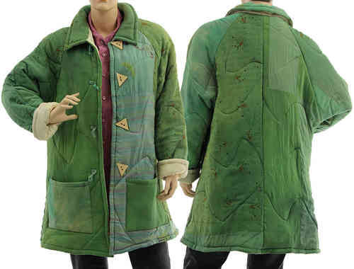 Handmade boho artsy silk coat jacket, patchwork green M-L