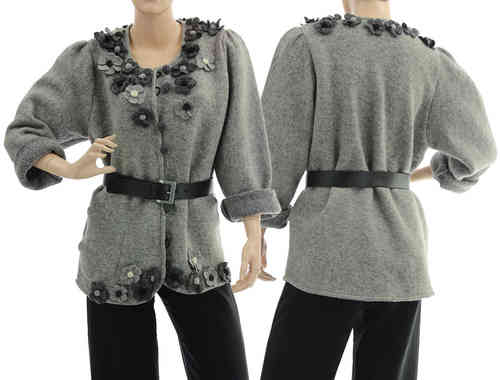 Boho artsy jacket with flowers, boiled wool in grey M-L