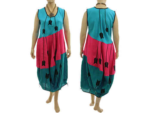 Boho balloon dress linen with tulips turquoise pink teal XL-XXL