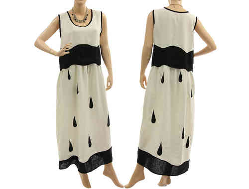 Artsy boho maxi dress with higher waistline linen in white black S-M