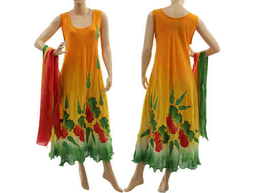 Artsy boho flower dress with scarf, crinkle cotton in orange green red M-L